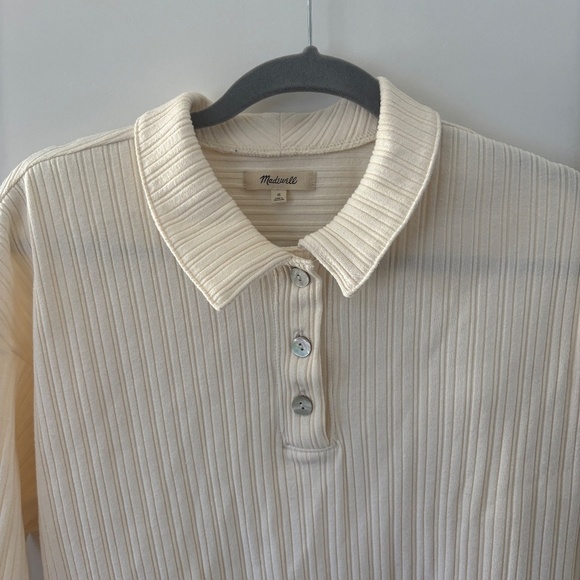 Madewell Ribbed Long Sleeve Polo Shirt Women's Medium Cream Boxy Preppy Academia - Picture 4 of 11